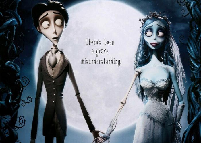 Art for the stop motion animation movie Corpse Bride which features a pale groom and bride in front of a moon