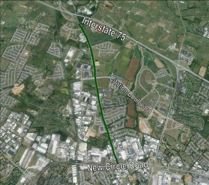 Aerial map view of Georgetown Road between Interstate 75 and New Circle Road