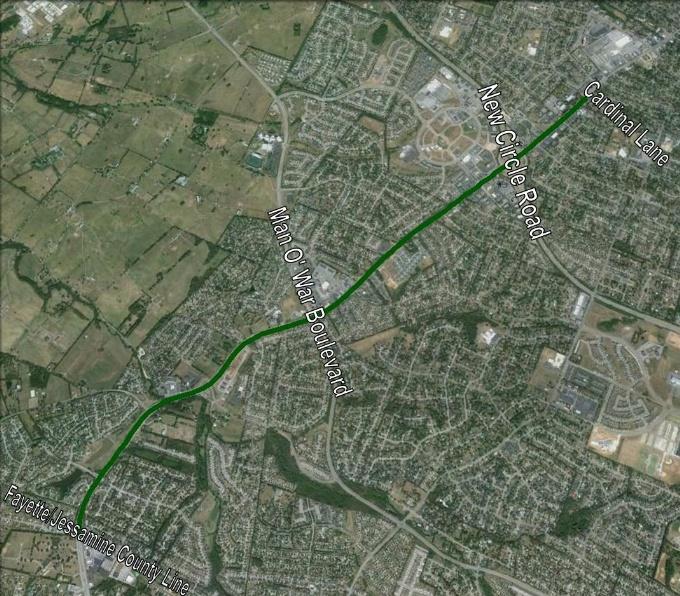 Aerial map view of Harrodsburg Road between the Jessamine/Fayette county line and Cardinal Lane