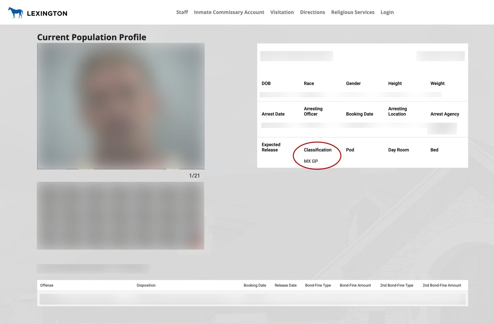 screen capture of inmate search showing the Classification section circled in red