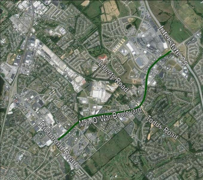 Aerial map view of Man O'War Boulevard between Interstate 75 and Richmond Road