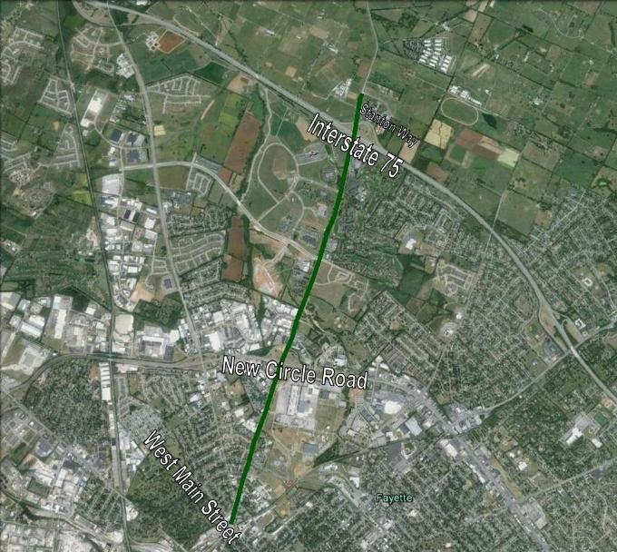 Aerial map view of Newtown Pike between Stanton Way north of Interstate 75 and W Main Street in downtown Lexington