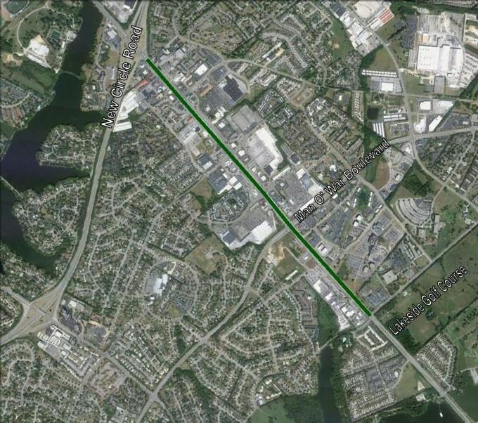 Aerial map view of Richmond Road from New Circle southeast towards Interstate 75