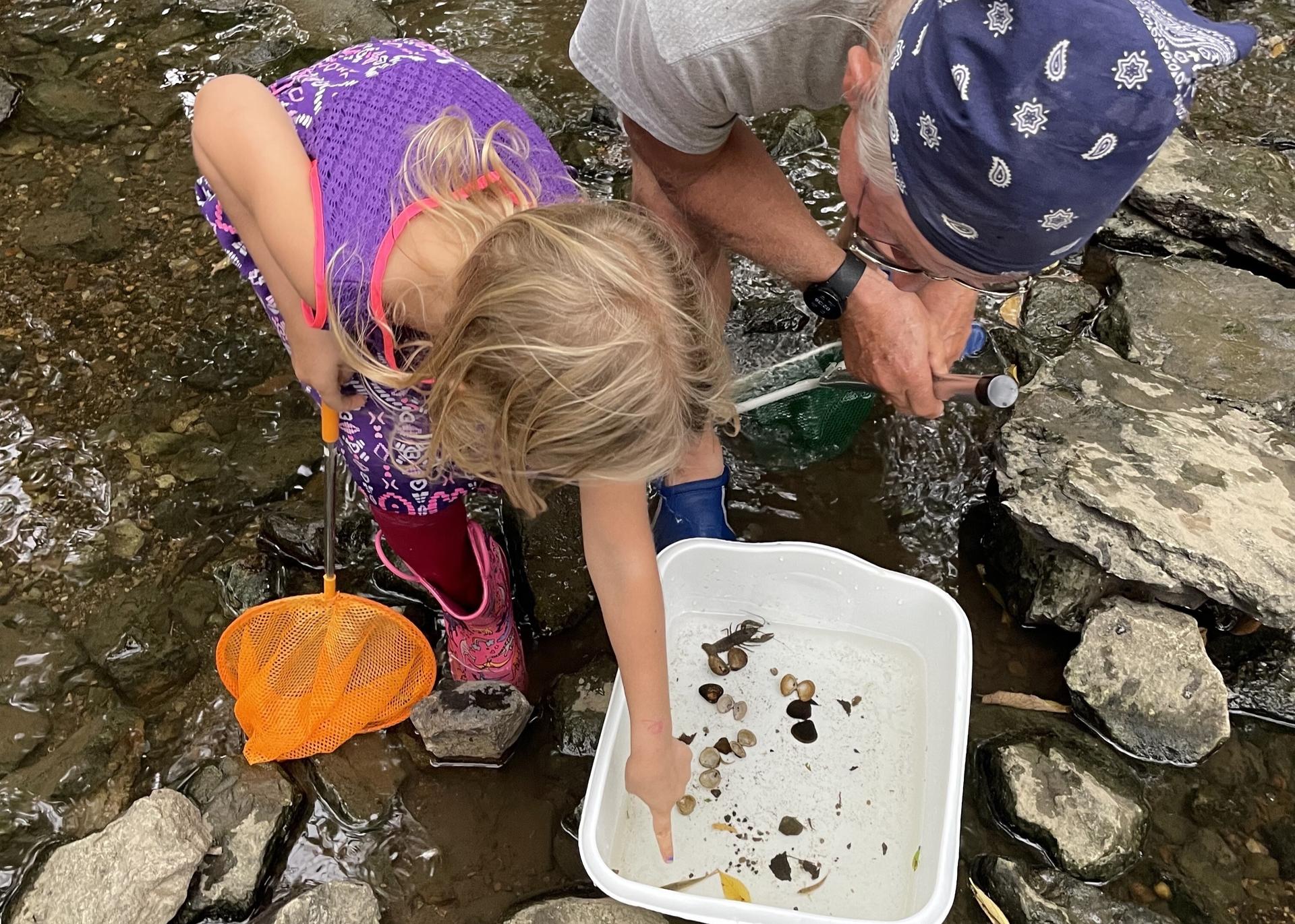 Two kids with a bucket in a stream.