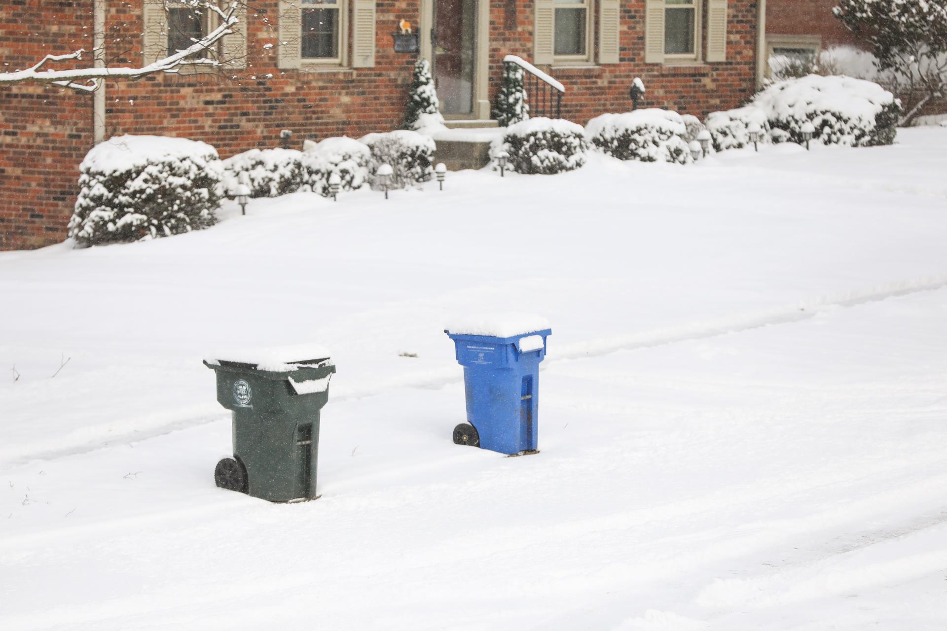 Trash and recycling bins covered by snow