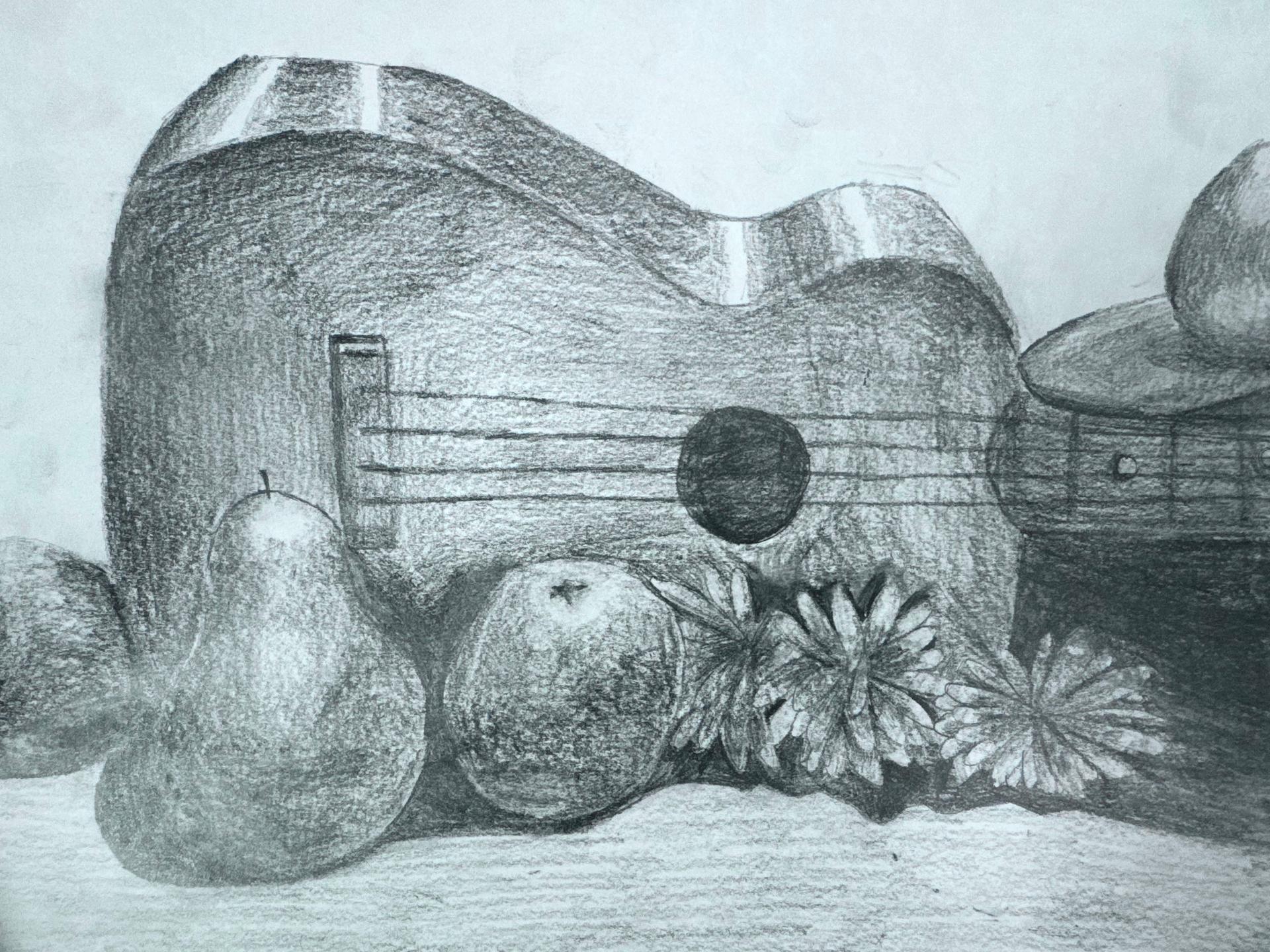 Guitar, fruit, and flowers drawn in pencil. FCPS Spring showcase artwork.